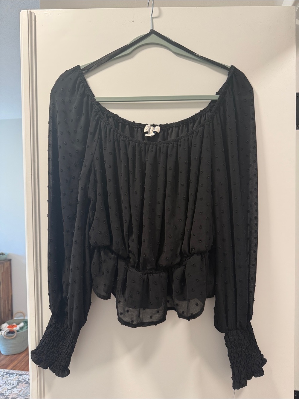 Women's Black Sheer Peasant Blouse - She + Sky